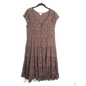 Sundance Brown Floral Petite M Dress Tiered Midi Western Boho Summer Feminine